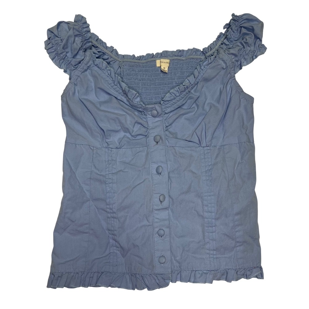 Sim & Sam Light Blue Milkmaid Ruffle Smocked Button Front Top Small